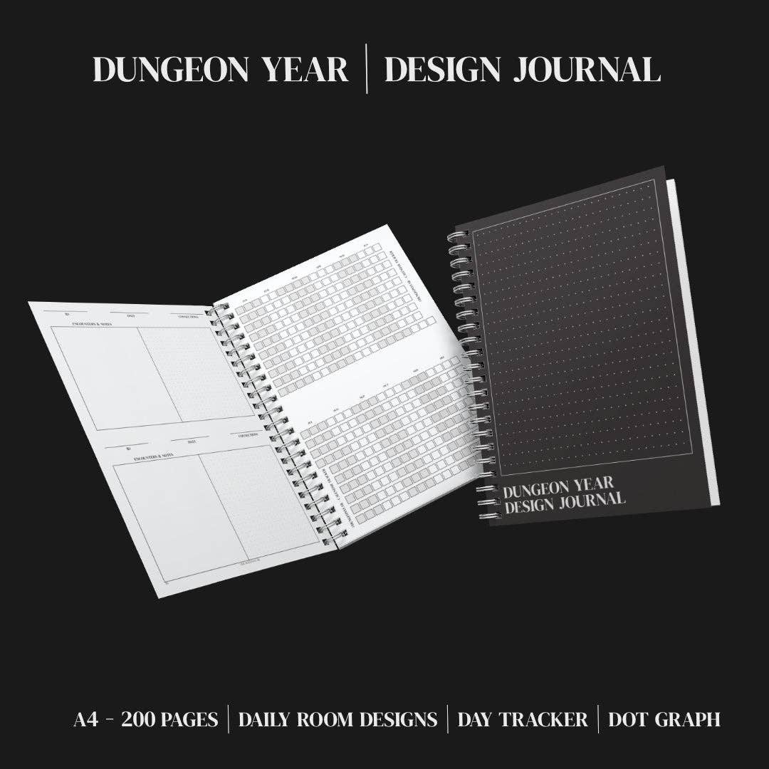 Two spiral-bound Dungeon Year Design Journals, one open and one closed, with visible descriptions.