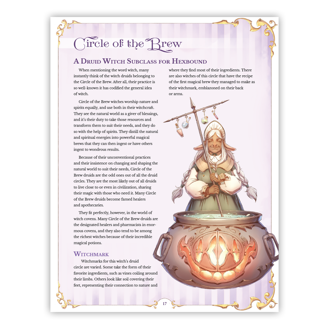 Hexbound: A Witchy Supplement for 5e D&D, featuring an elderly witch stirring a cauldron.