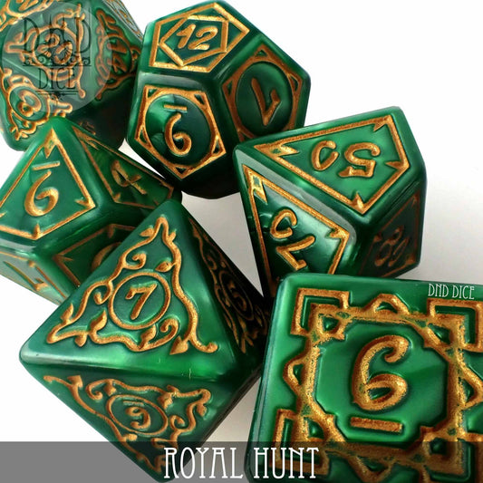 The Royal Hunt 7-piece acrylic polyhedral dice set in green and gold for tabletop games.