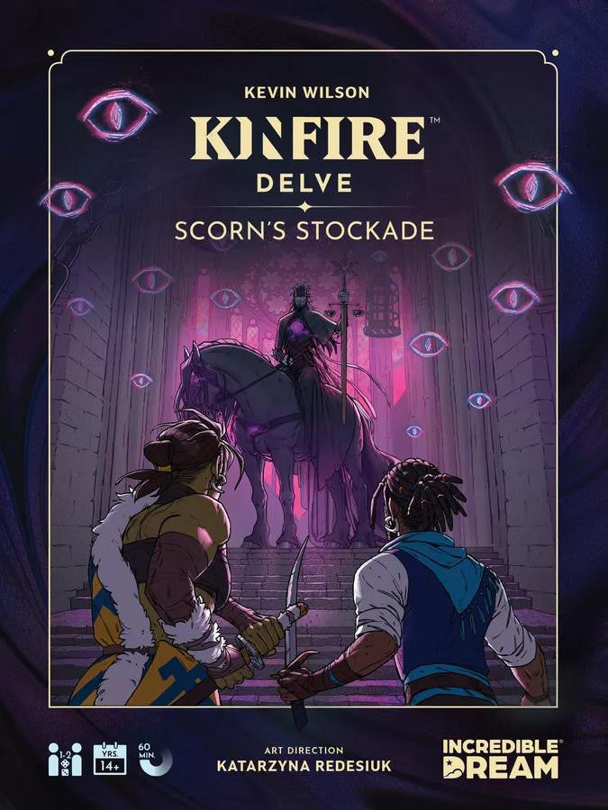 Kinfire Delve: Scorns Stockcade (1st Edition) showing two adventurers and a shadowy rider in a purple hall.