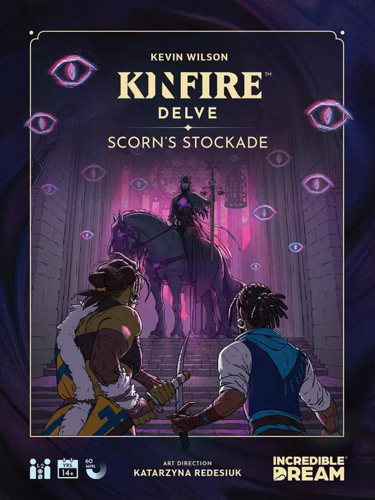 Kinfire Delve: Scorns Stockcade (1st Edition) showing two adventurers and a shadowy rider in a purple hall.