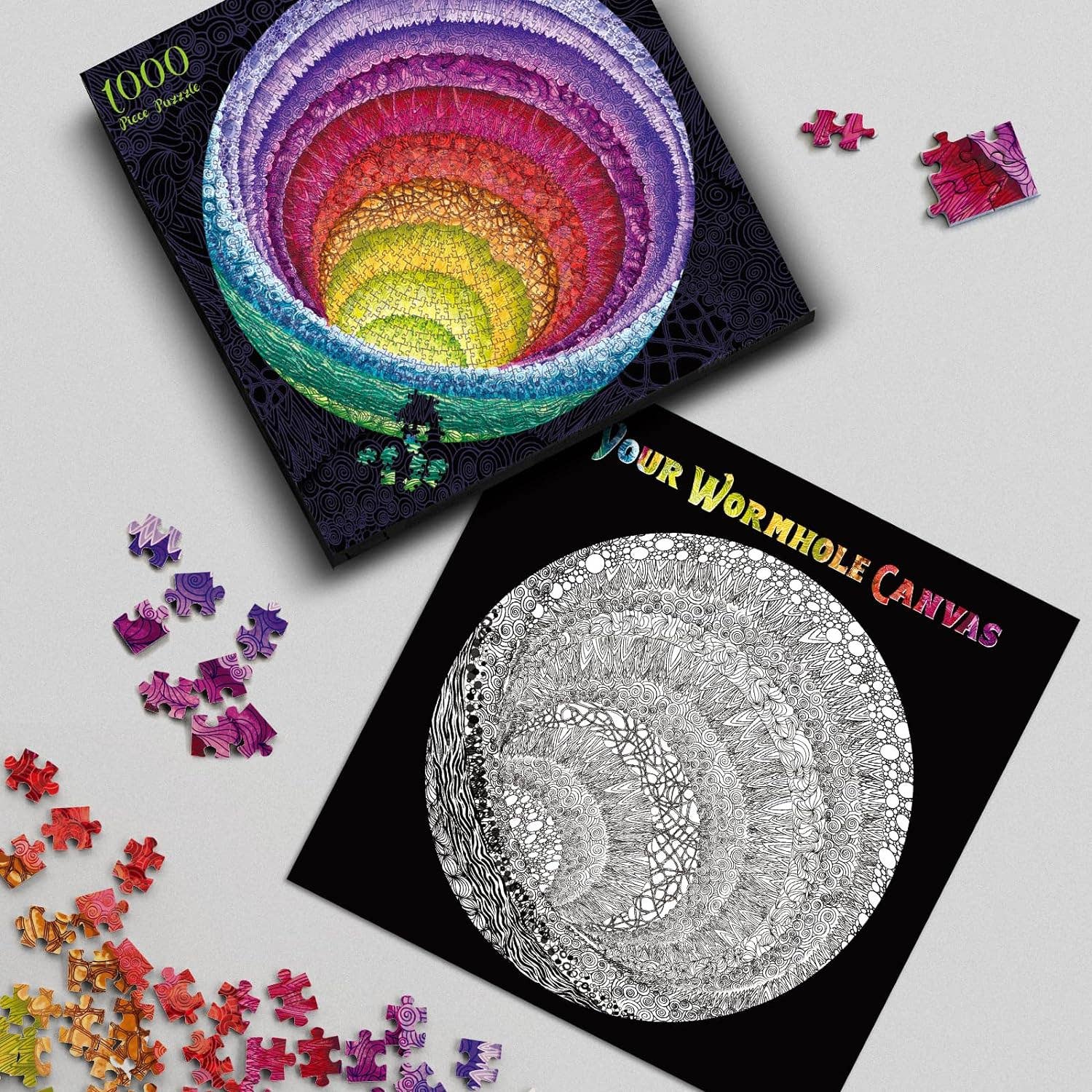 Hue Wormhole 1000 piece jigsaw puzzle with box, scattered pieces, and Your Wormhole Canvas version shown.