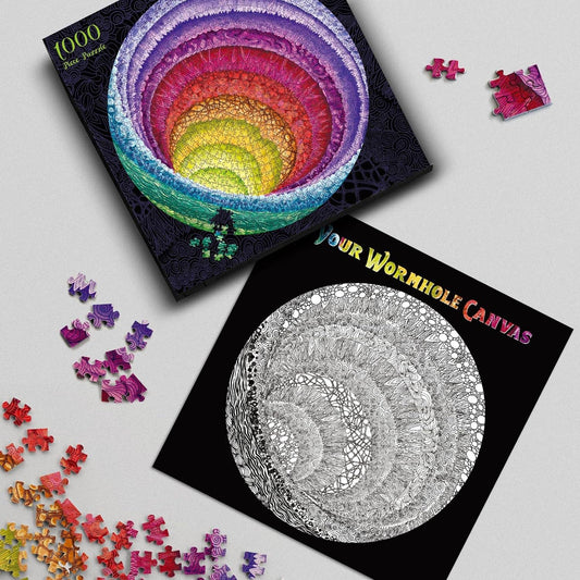 Hue Wormhole 1000 piece jigsaw puzzle with box, scattered pieces, and Your Wormhole Canvas version shown.