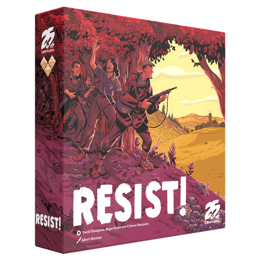 Resist board game box showing three armed figures in a rural Spanish Civil War setting.