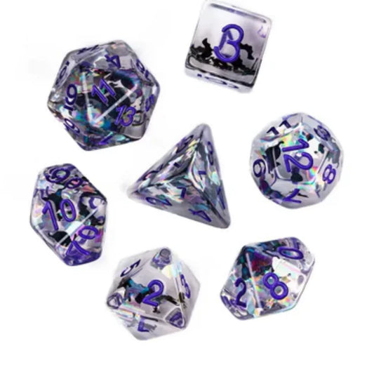 Cat Colony RPG Dice Set with clear resin polyhedral dice, purple numbers, and iridescent flakes.
