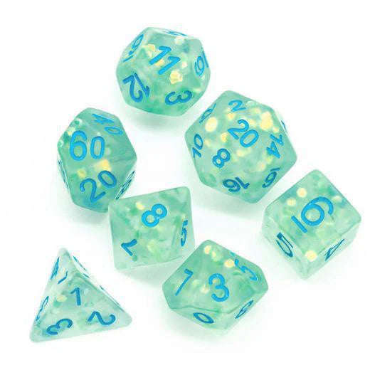 Komorebi RPG Dice Set with translucent teal polyhedral dice and blue numbers.