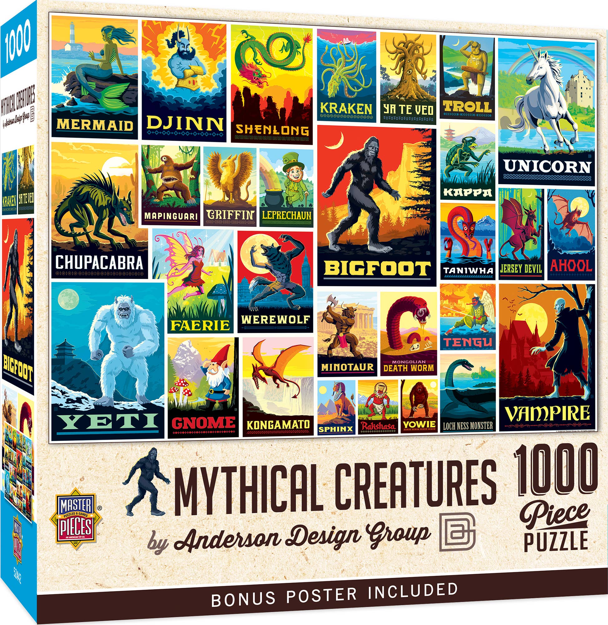 Vintage Posters - Mythical Creatures 1000 Piece Jigsaw Puzzle with retro art of Bigfoot, Mermaid, and Unicorn.