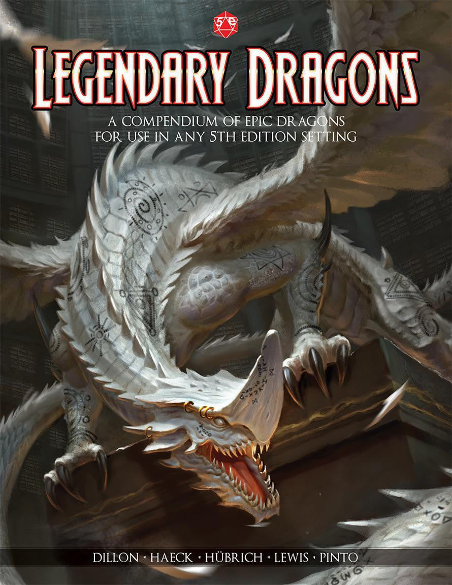 Book of Legendary Dragons for D&D 5E featuring a white dragon with runes in a dark library.