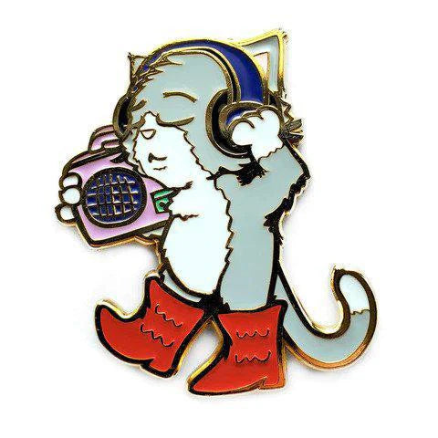 Kolorspun Boots and Cats Boombox Enamel Pin, 1.5, gray cat in red boots, headphones, pink radio, eyes closed.