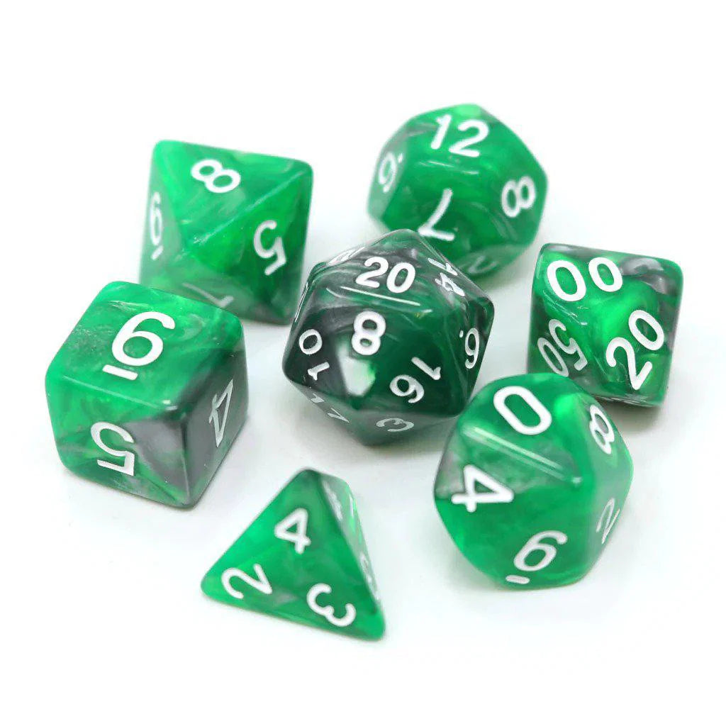 Emerald Ore RPG Dice Set: seven green polyhedral dice with white numbers.