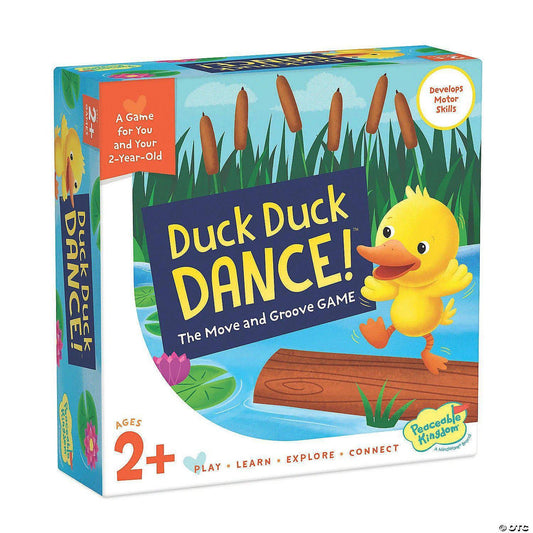 Duck Duck Dance game box for kids ages 2+, gross motor skill development featured.
