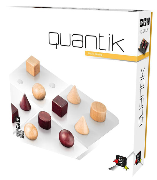 Quantik game box with colorful wooden geometric pieces shown on the front.