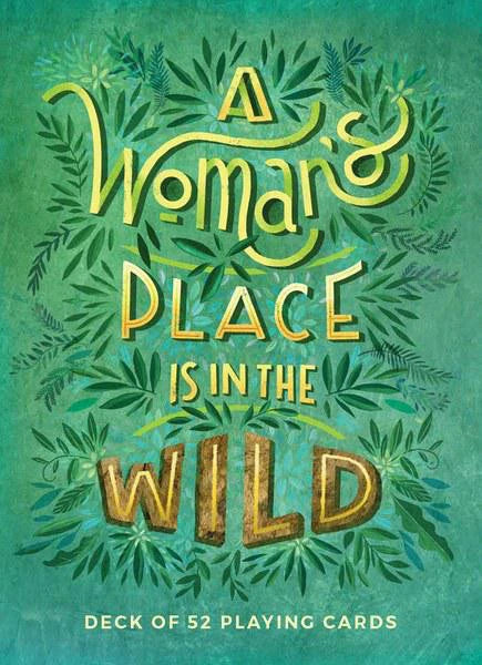 A Womans Place in the Wild 52-card playing deck featuring female outdoor adventurers and leafy patterns.