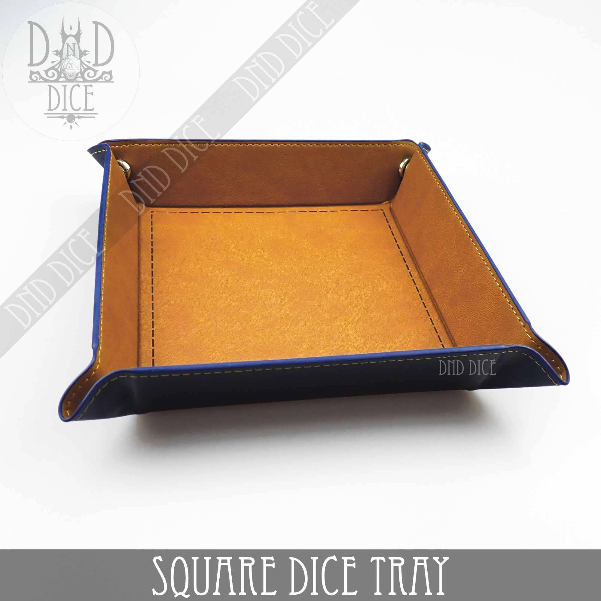 Square dice tray, brown and black artificial leather, stitched edges, 8.5x8.5 rolling area, white background.