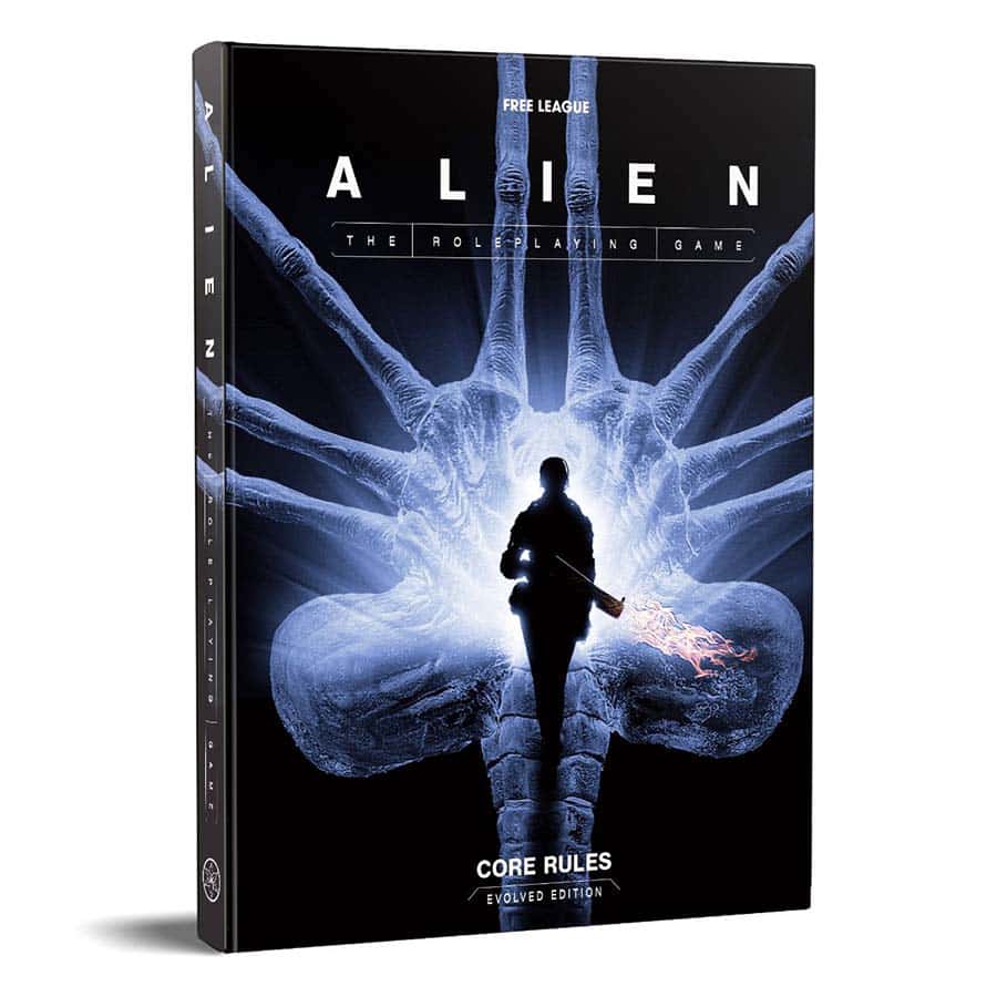 The Alien RPG: Evolved Edition Core Rulebook featuring a figure with a flamethrower and an alien hand on the cover.