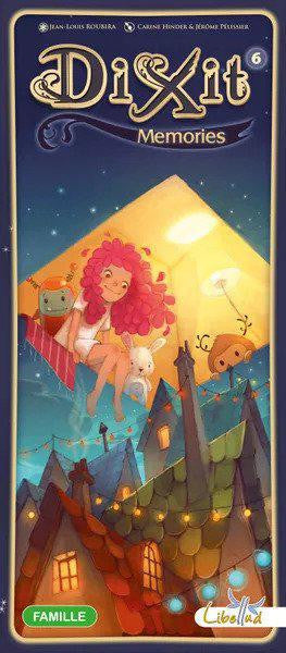 Dixit: Memories board game box featuring a girl with curly hair floating above rooftops at night.