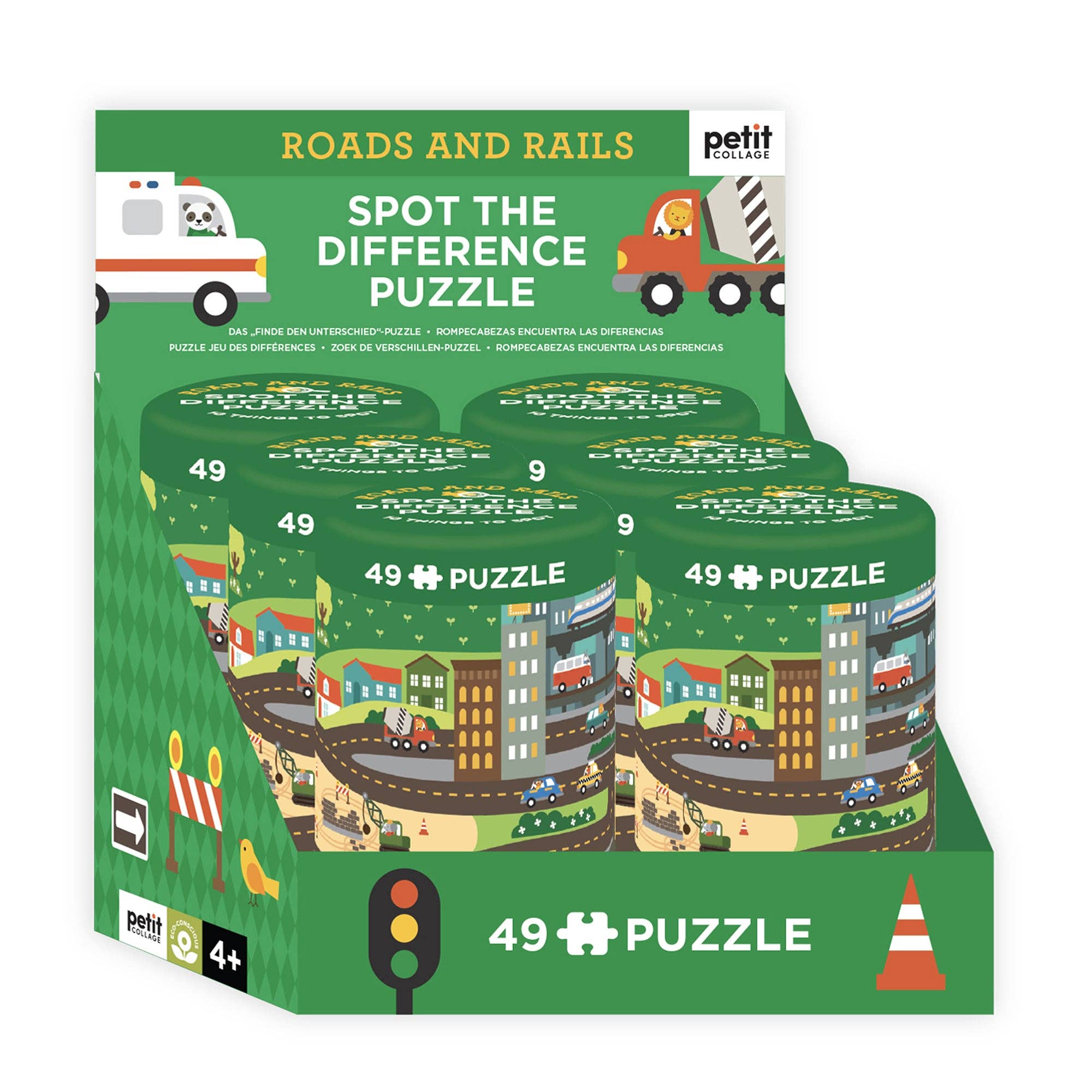 Roads and Rails 49-piece cartoon car and building spot-the-difference puzzle set.