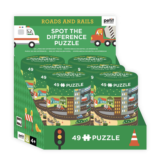 Roads and Rails 49-piece cartoon car and building spot-the-difference puzzle set.
