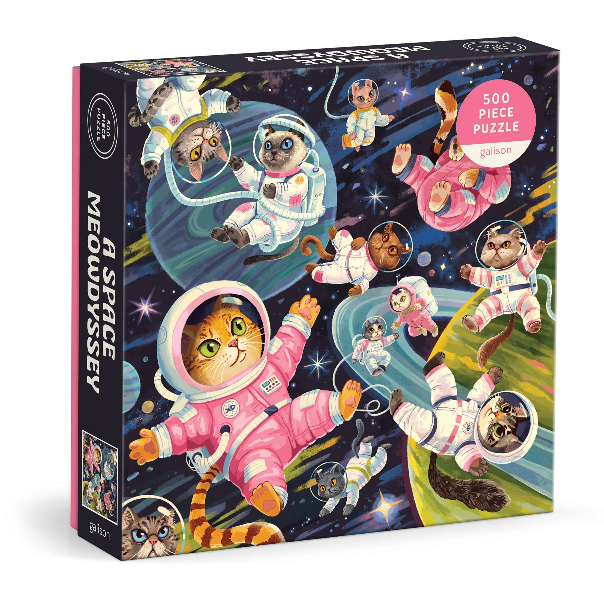 A Space Meowdyssey 500 Piece Puzzle featuring illustrated cats in colorful space suits floating in outer space.
