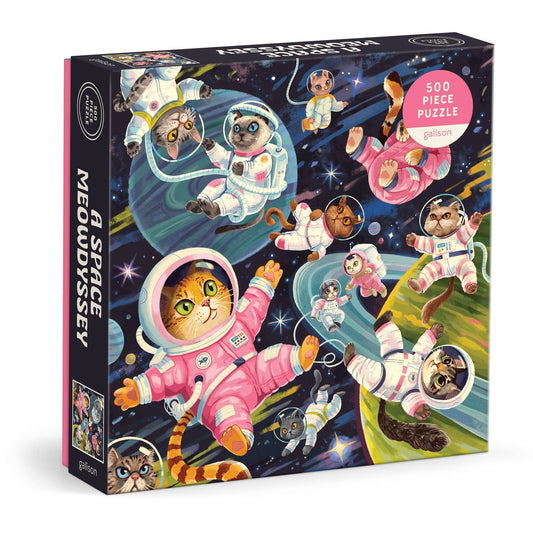 A Space Meowdyssey 500 Piece Puzzle featuring illustrated cats in colorful space suits floating in outer space.