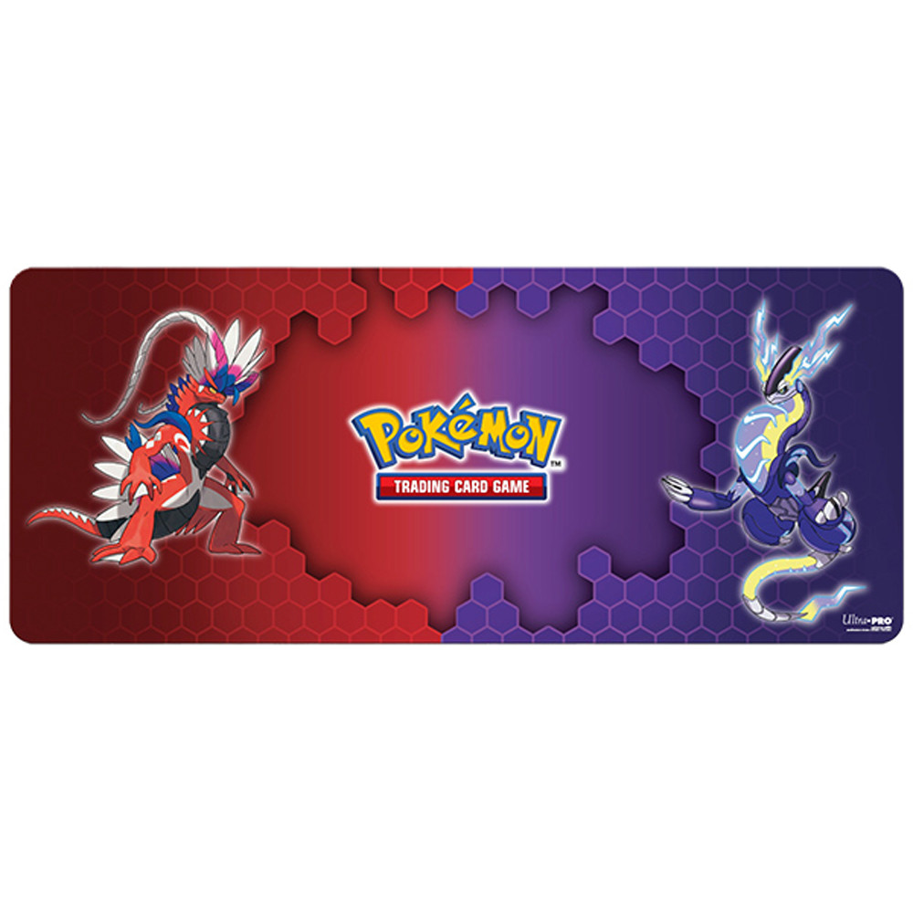 6ft rectangular Pokémon table playmat with red and purple sides, Koraidon, Miraidon, and TCG logo.