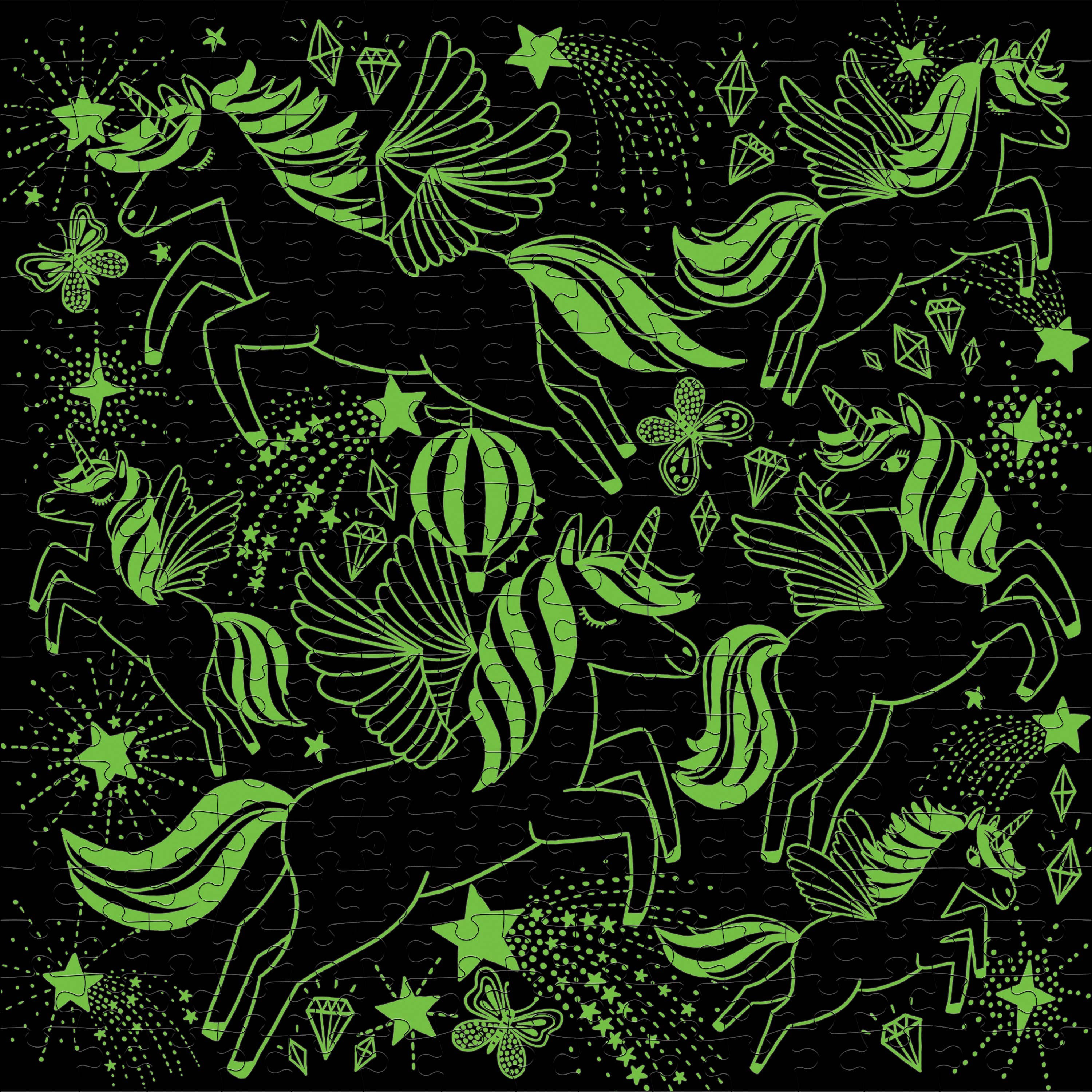 Unicorns Illuminated 300 Piece Puzzle featuring glowing unicorns, stars, and diamonds on a black background.