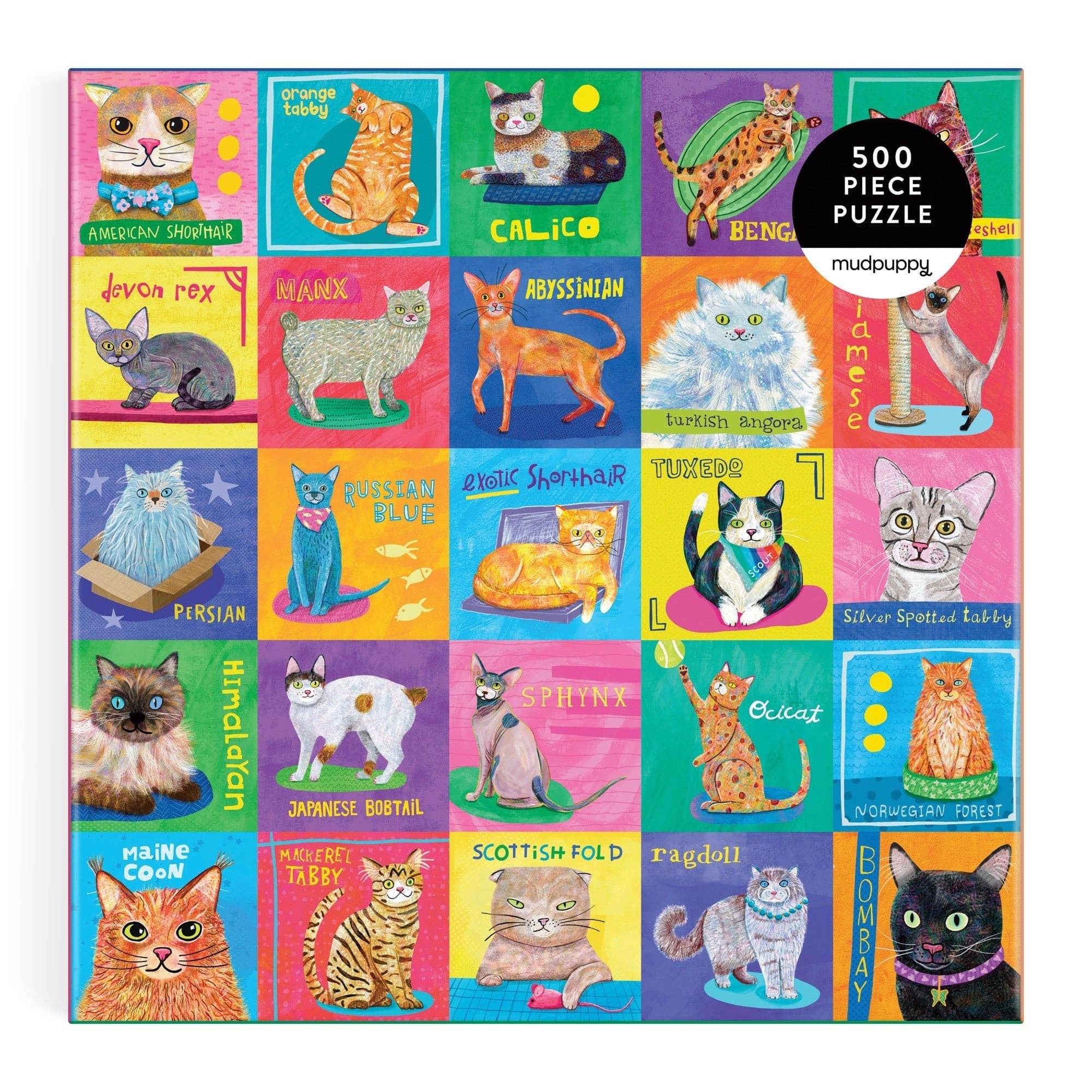 Purr-fect Portraits 500-piece puzzle featuring illustrated and labeled cat breeds on colorful backgrounds.