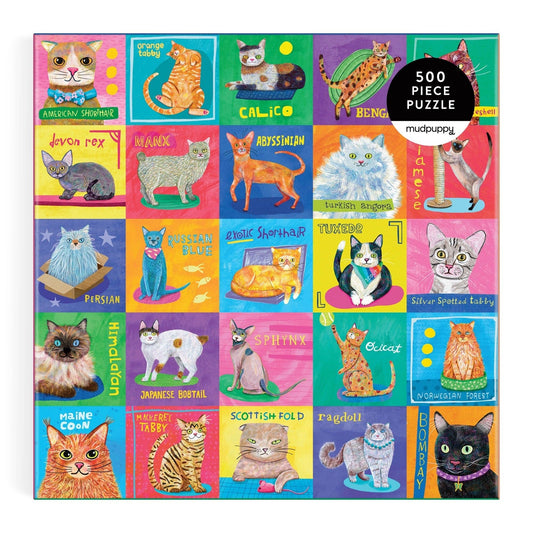 Purr-fect Portraits 500-piece puzzle featuring illustrated and labeled cat breeds on colorful backgrounds.