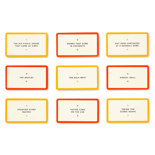 Set of nine Overrated / Underrated cards with red or yellow borders and bold black text prompts.