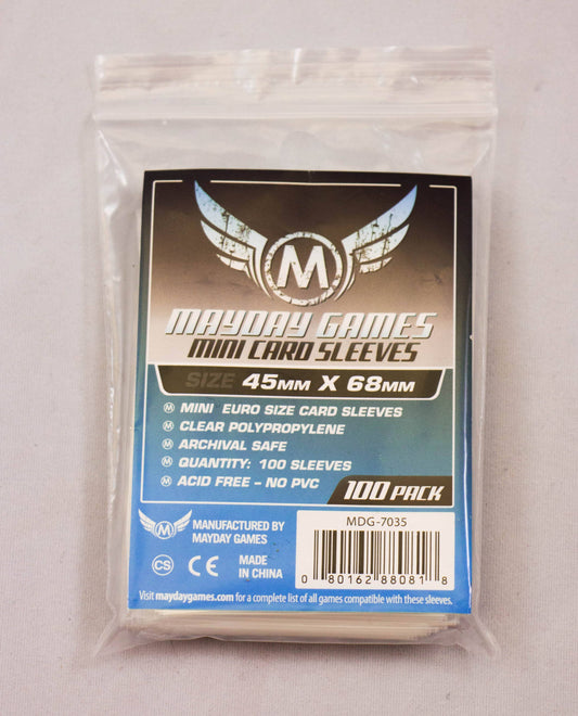 Mini Euro Card Sleeve pack, 45x68mm, 100 count, sealed, size 3 x 2.2 x 0.4 inches on a plain surface.