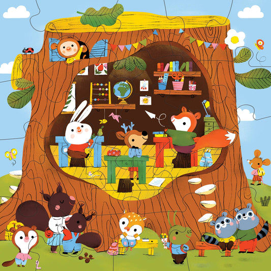 Forest School 25-piece puzzle featuring forest animals in a treehouse classroom.