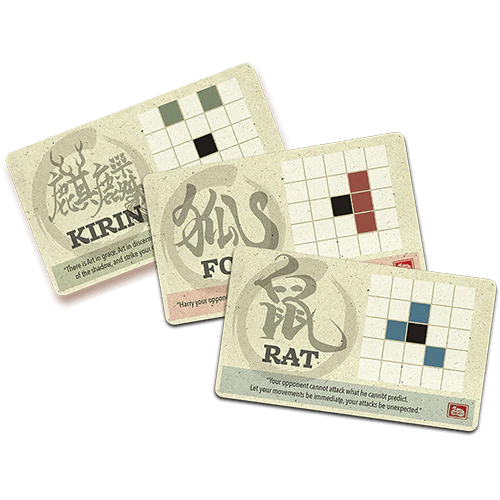 Onitama: Senseis Path Expansion cards showing animal names and distinct movement grids.