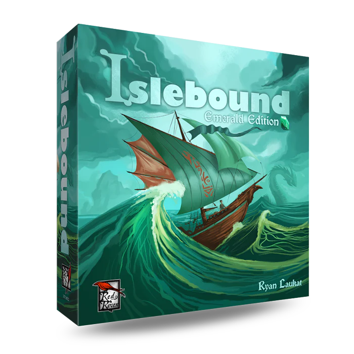 Islebound: Emerald Edition board game box featuring a ship on teal-green waves in Arzium.