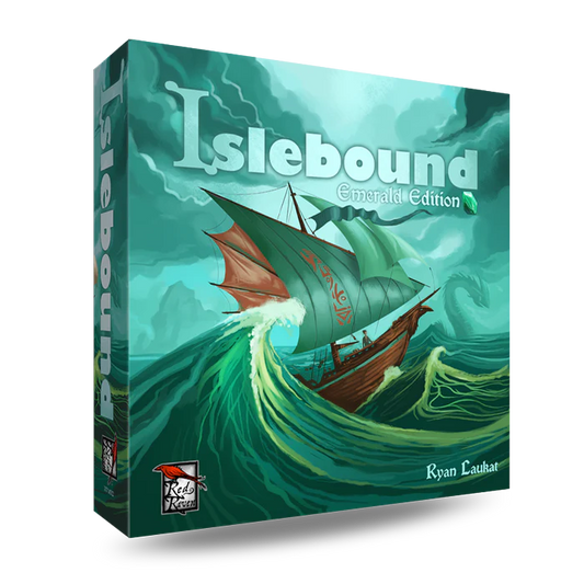 Islebound: Emerald Edition board game box featuring a ship on teal-green waves in Arzium.