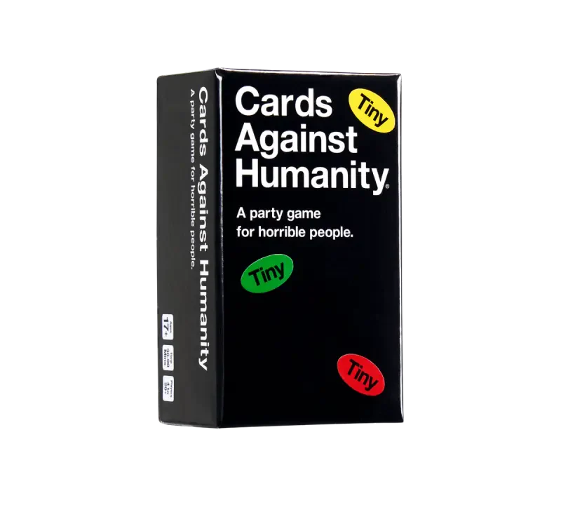 Tiny Cards Against Humanity black box mini party game with colorful labels.