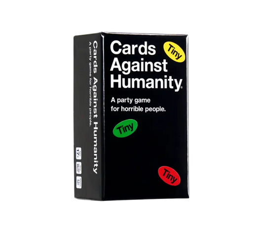Tiny Cards Against Humanity black box mini party game with colorful labels.