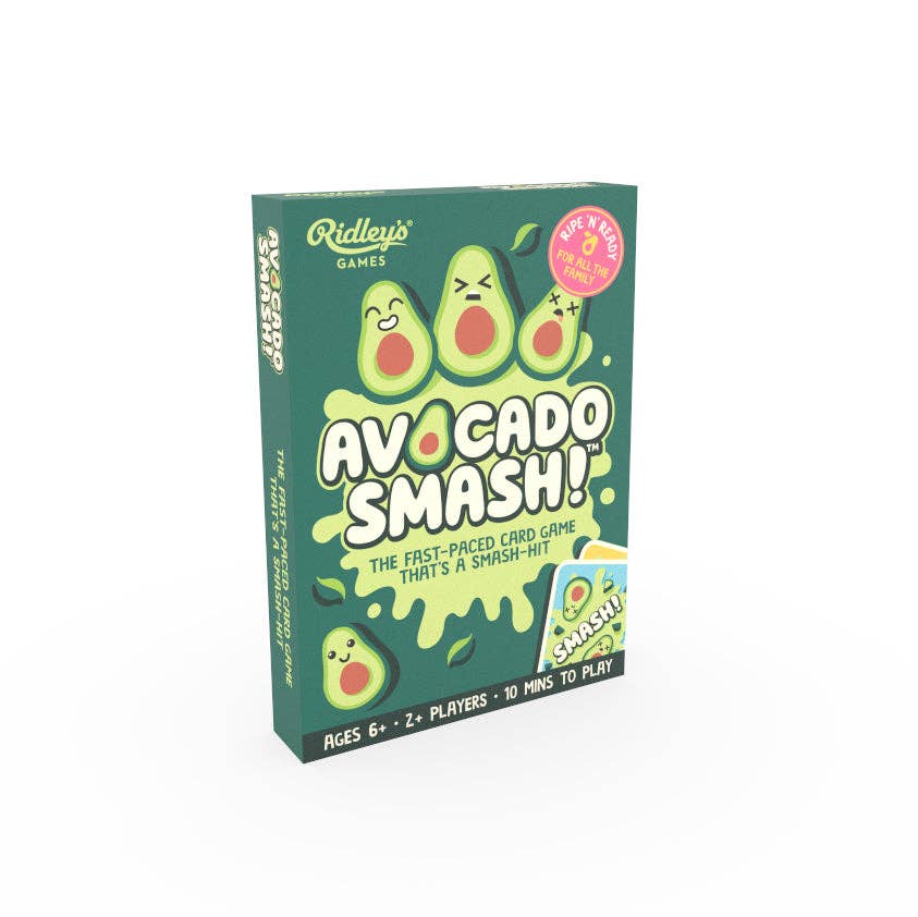 Avocado Smash Box family card game for ages 6 and up, includes rules. Packaging features cartoon avocados.