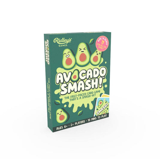 Avocado Smash Box family card game for ages 6 and up, includes rules. Packaging features cartoon avocados.