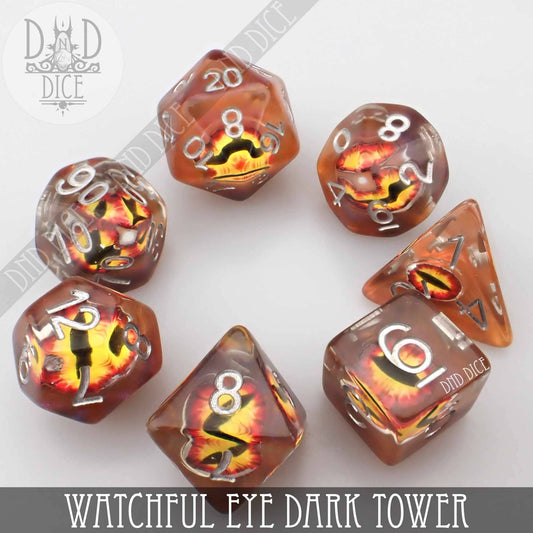 The Watchful Eye - Dark Tower 7-dice orange resin set with fiery eye design for tabletop gaming.