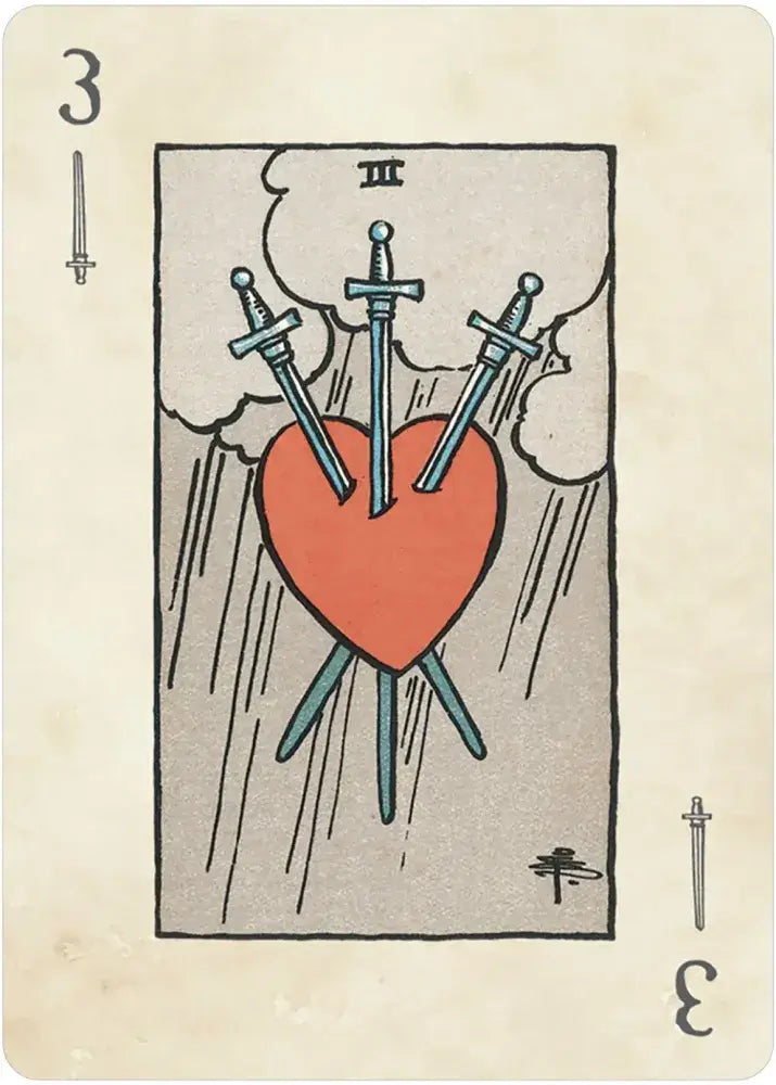 Rider-Waite™ Playing Card Deck, illustration of three swords piercing a red heart on a rainy background.