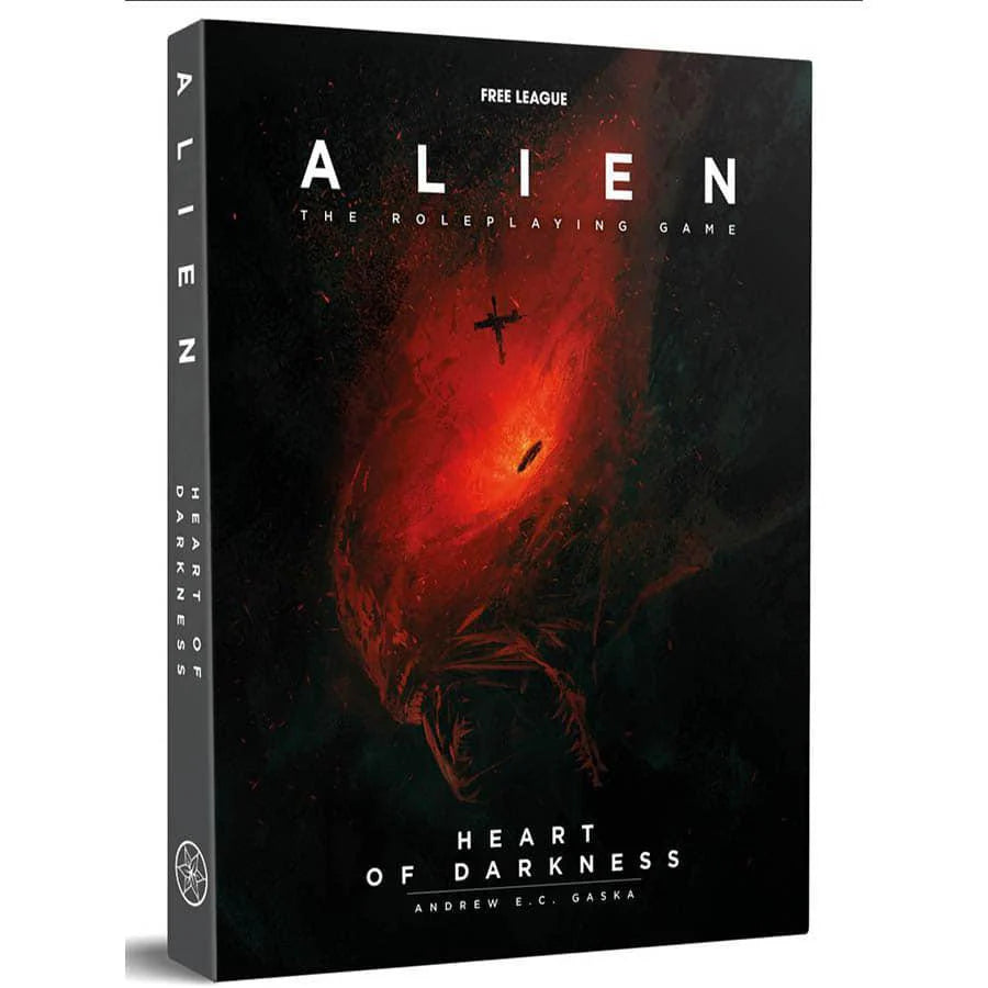 ALIEN RPG: HEART OF DARKNESS box cover, featuring a dark red alien shape and spaceship, Draconis Strain Saga edition.