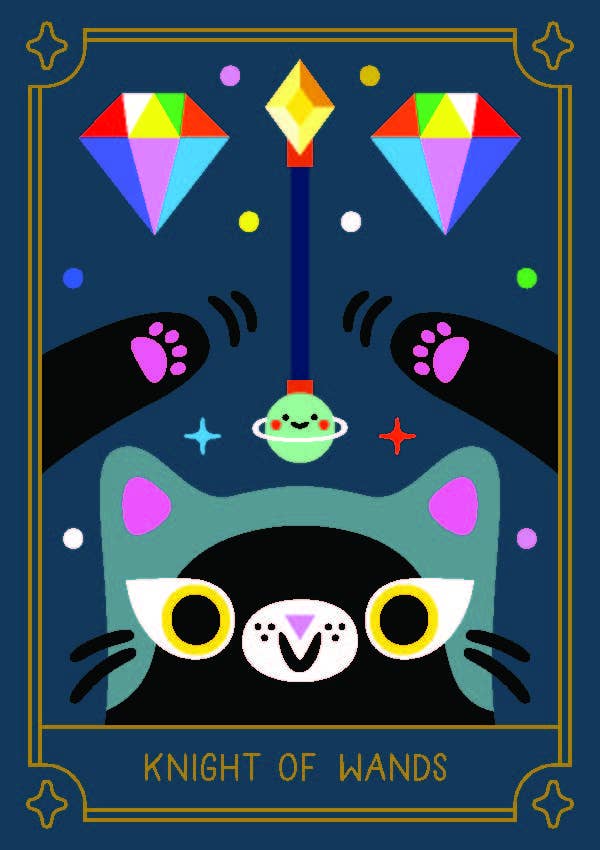 Mystic Cats Tarot card featuring kawaii cats, paw prints, gems, and a Knight of Wands wand.