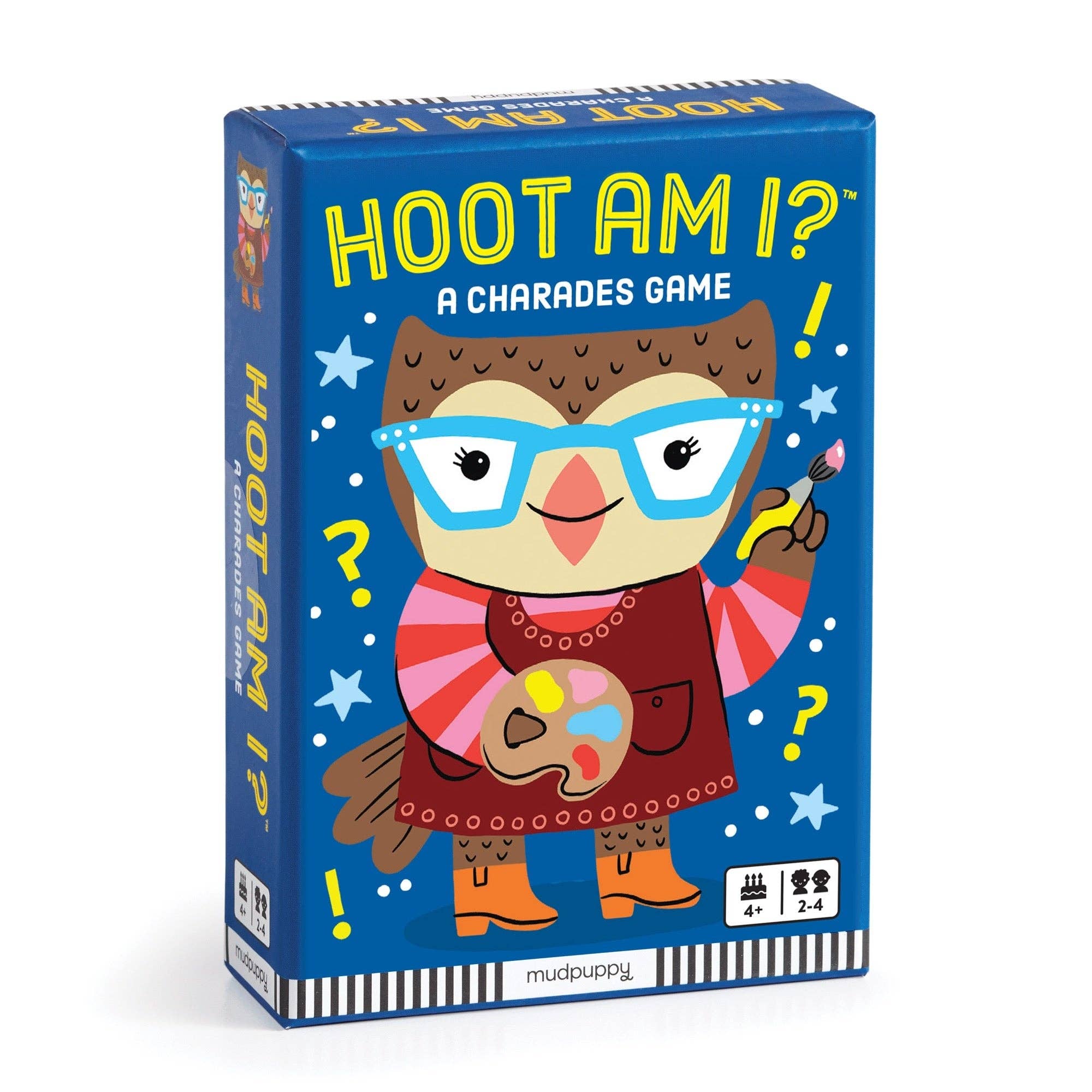 Hoot am I? Charades Card Game box featuring an owl artist illustration.