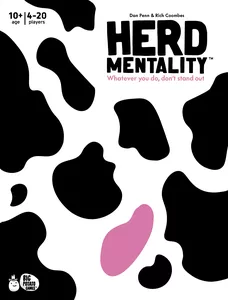 Herd Mentality game box with cow print design and one pink spot.