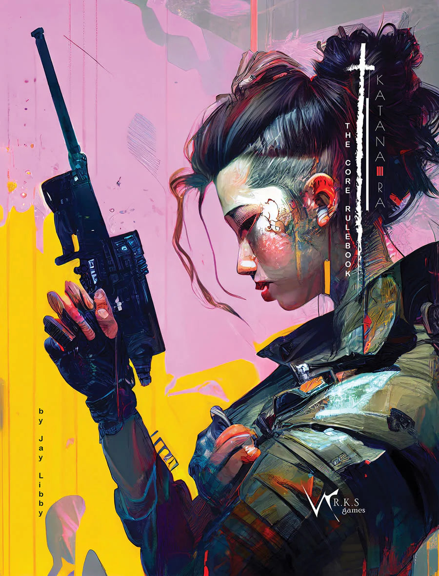 Katana-Ra Core Rulebook cover featuring a woman in futuristic armor with a gun and cyberpunk colors.