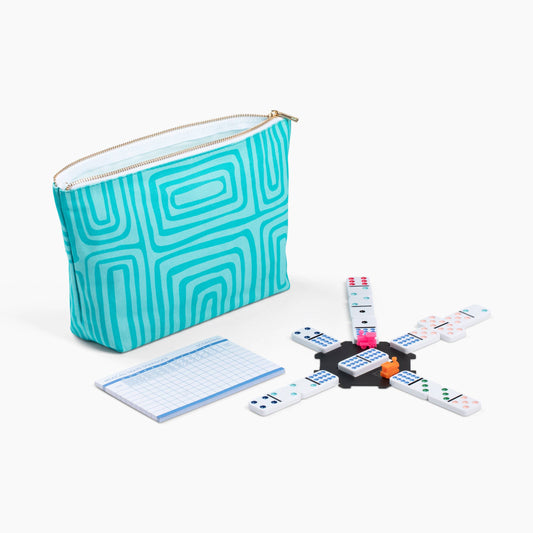 Canvas Classics Mexican Train Dominoes travel set with turquoise zip pouch and scorepad.