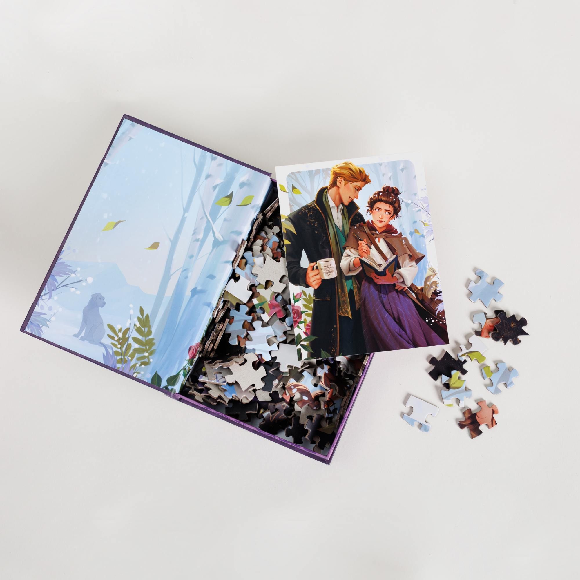 Faerie Fieldwork Keepsake Puzzle | Emily Wilde, partially assembled, with loose pieces and a book-shaped box.