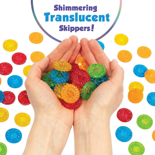 Hands hold colorful Skippity checkers, with more translucent checkers scattered below and product name above.