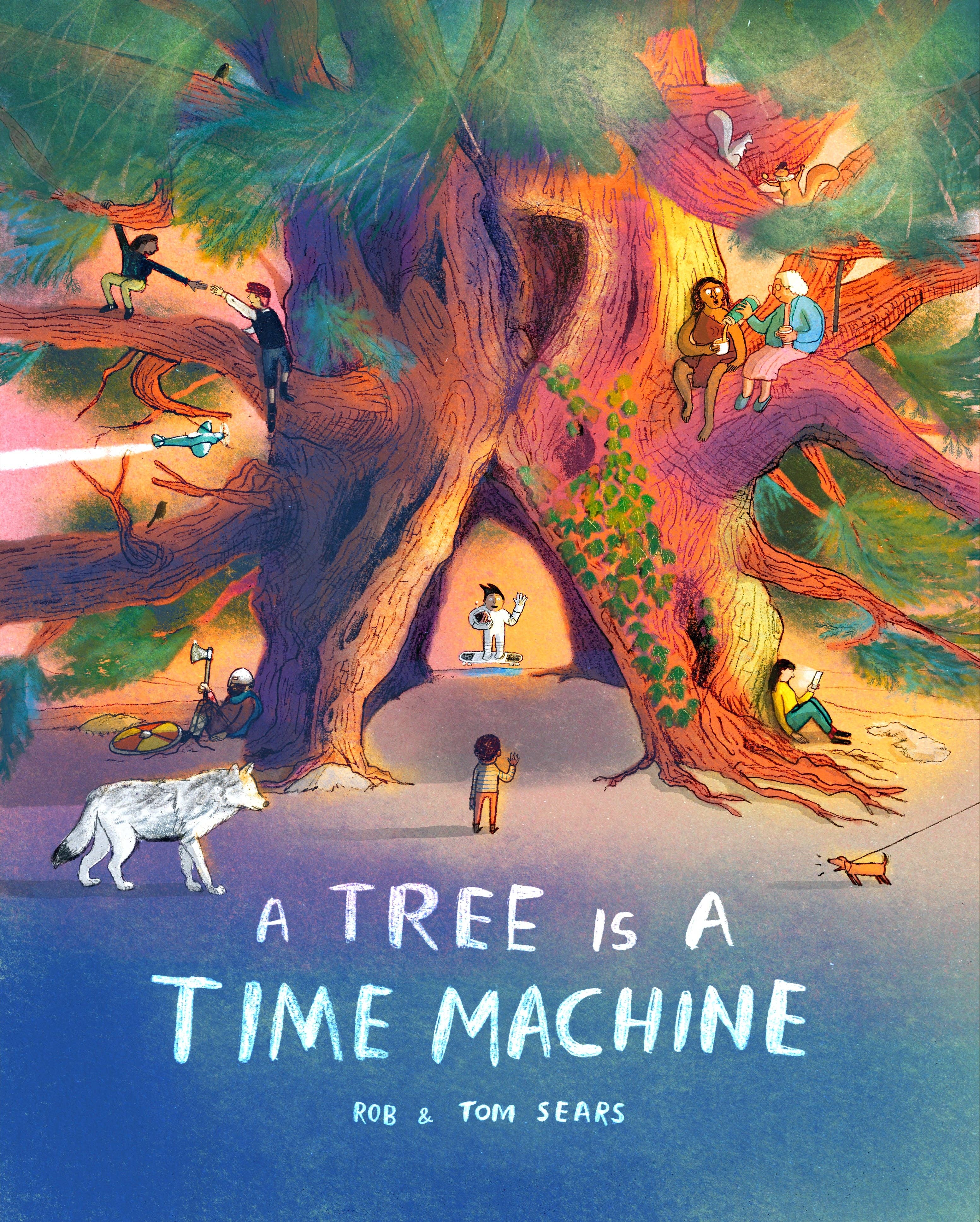 Book cover for A Tree is a Time Machine with people and animals in tree branches.