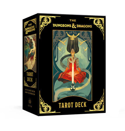 Box of The Dungeons & Dragons Tarot Deck with gold designs and a seated figure illustration on the front.